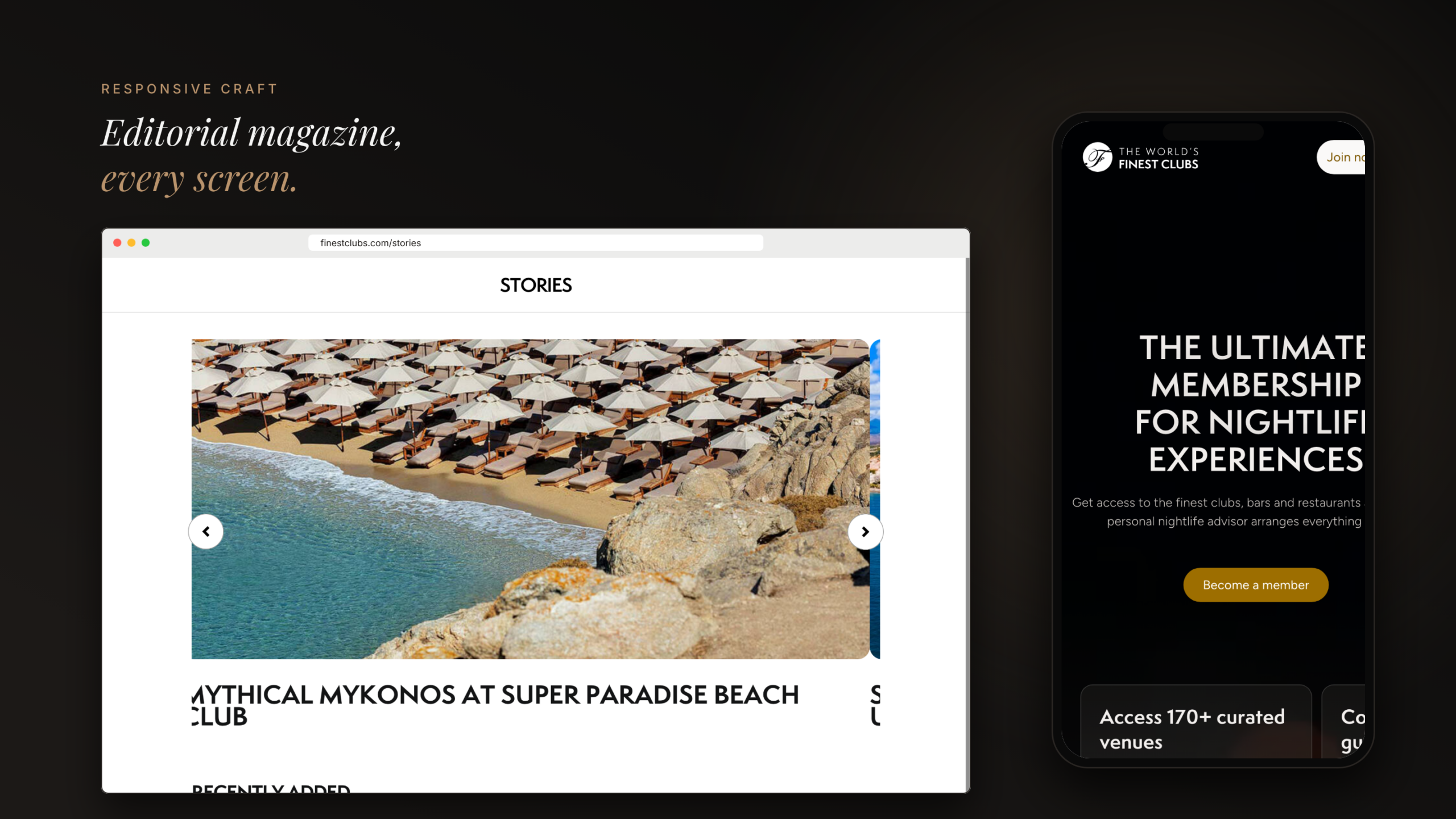 Editorialmagazine,everyscreen, responsivemockupshowingFinestClubsStoriesondesktopandmobile