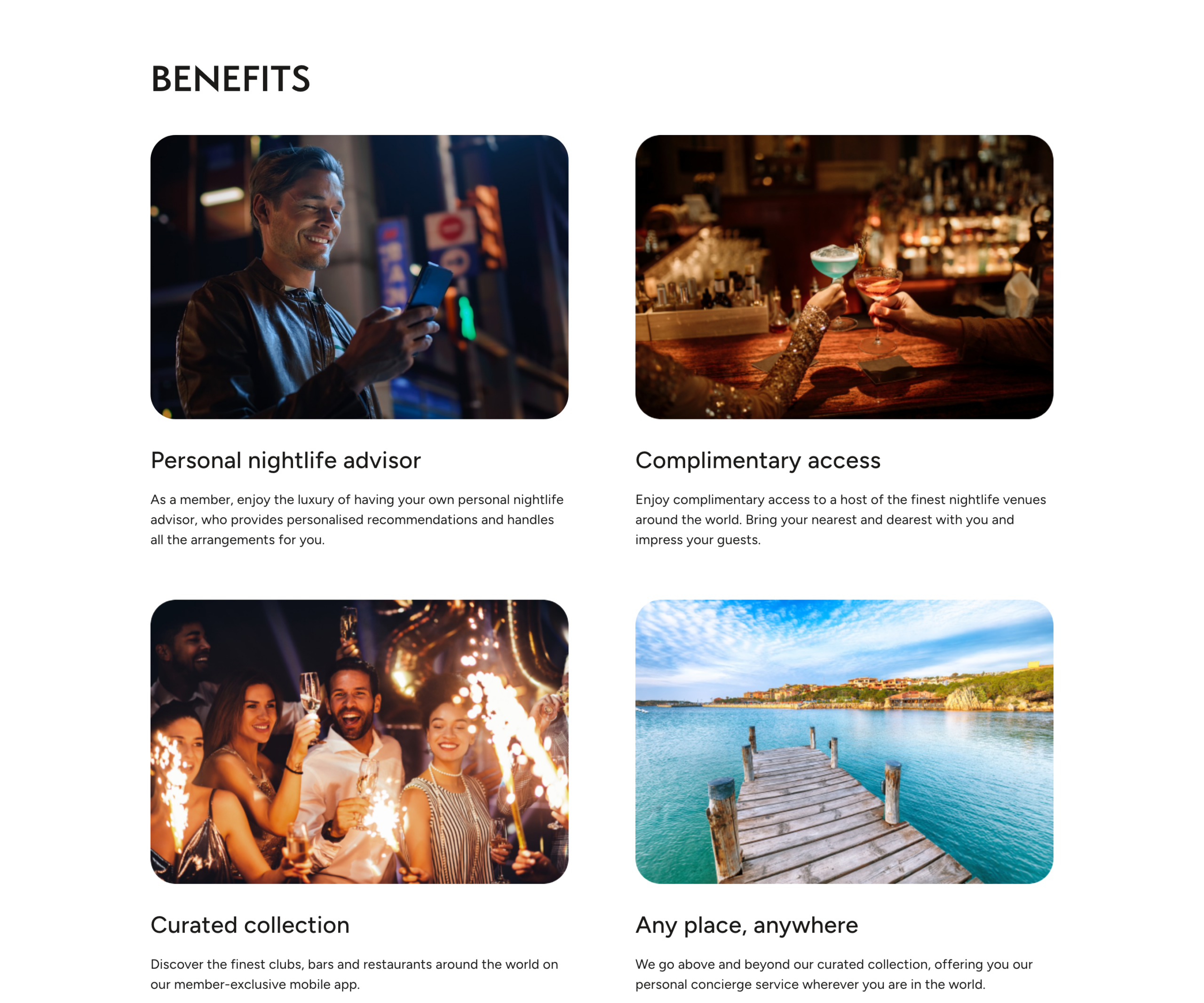Membershipbenefitsgrid, personalnightlifeadvisor,complimentaryaccess,curatedcollection