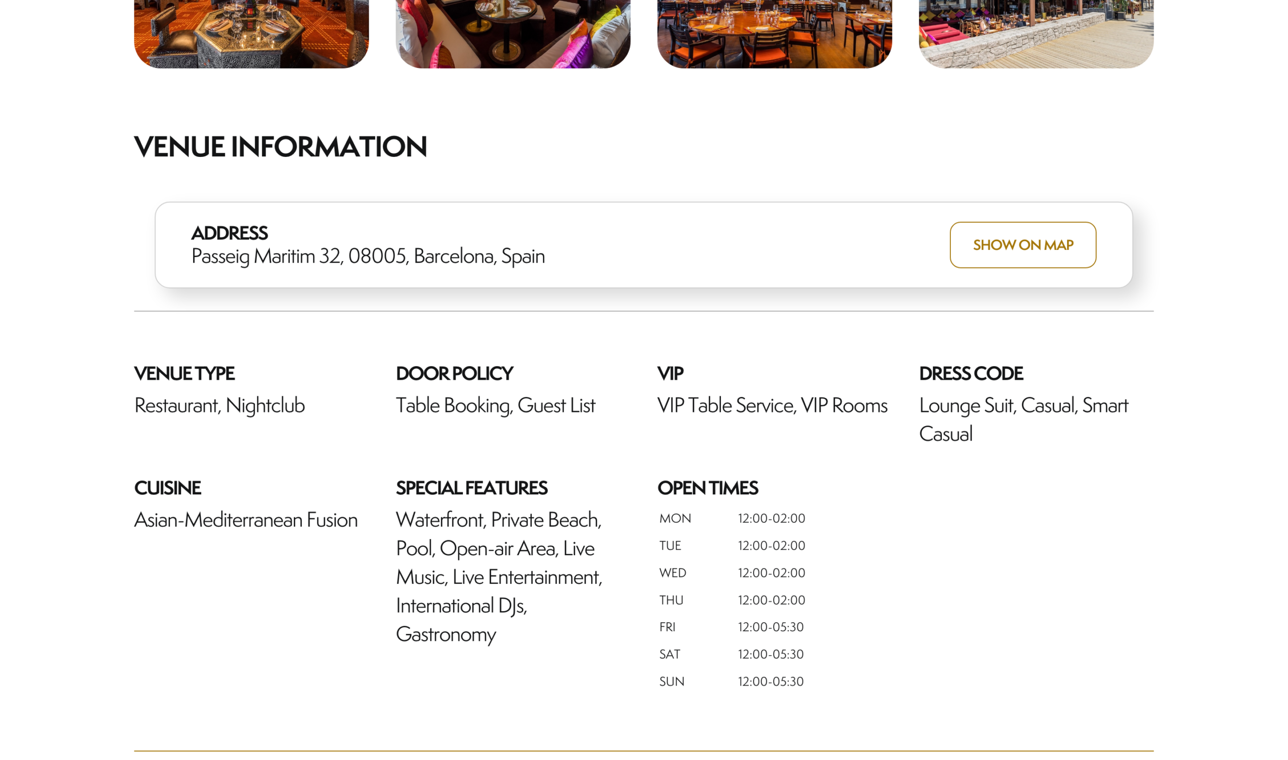 Venueinformationspecs, address,type,doorpolicy,dresscode,cuisine,opentimes