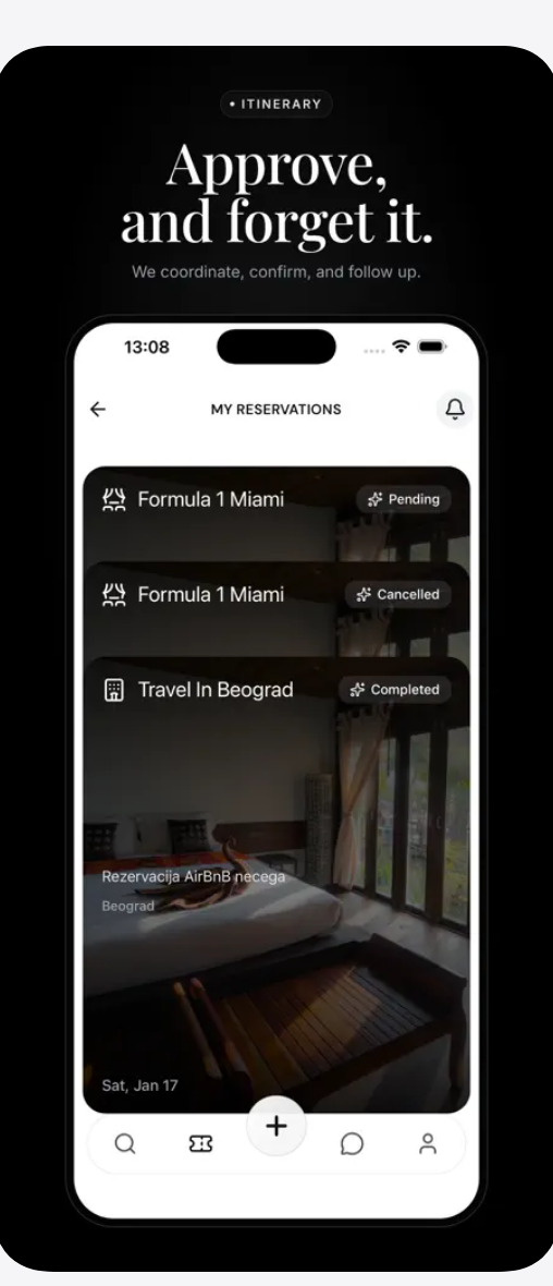 7DappMyReservationsitineraryscreenshowingFormula1MiamiandBeogradtravelbookingstaggedPending,CancelledandCompleted.