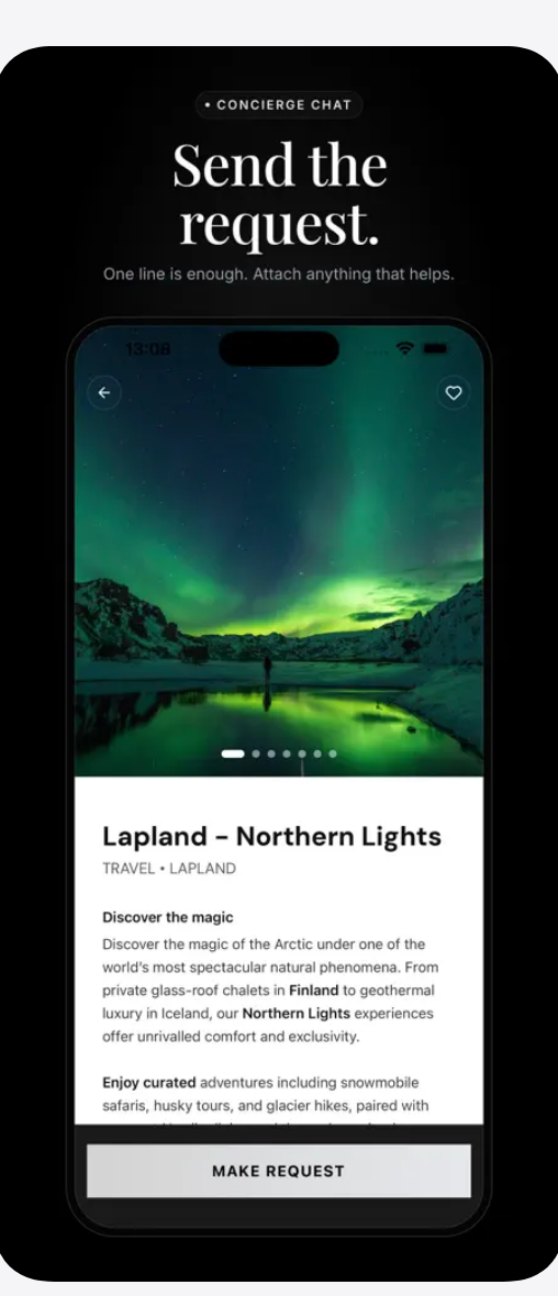 7Dappconciergerequestscreenwithafull-bleedLaplandNorthernLightsexperienceandaMakeRequestcalltoaction.