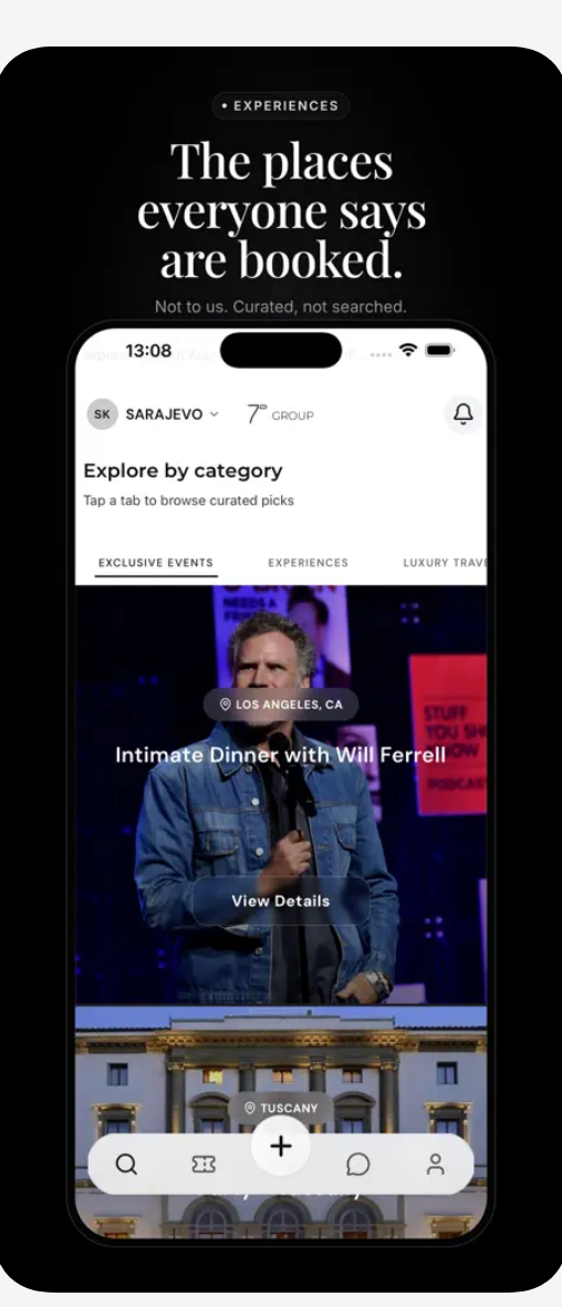 7DappExplorebyCategoryfeedofcuratedVIPexperiences,includinganintimatecelebritydinnercard.