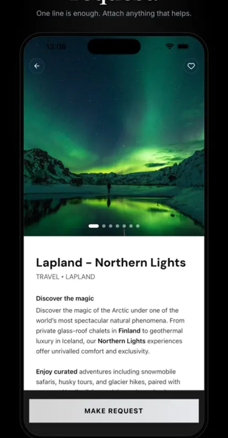 7DappexperiencedetailscreenfortheLaplandNorthernLights,withphotography,descriptionandaprominentMakeRequestbutton.