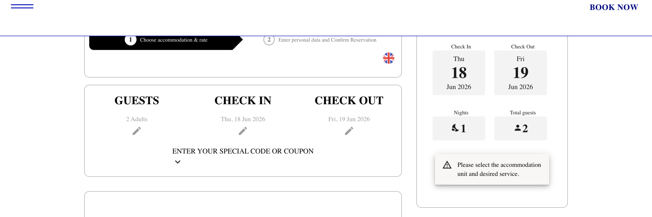 TheliveWebBookingProbookingengineontheBookNowpage, guests,check-in/check-outselectorsandanavyreservationsummary.