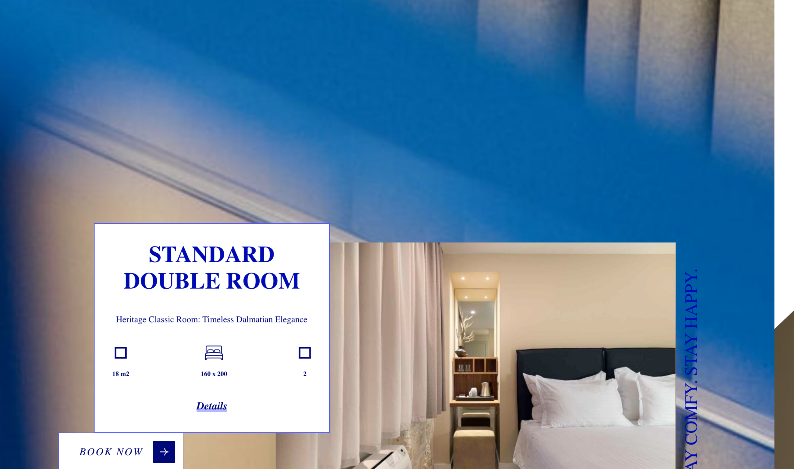 StandardDoubleRoomcardoveraphotooftheupholsteredbed,withsize,bedandoccupancyicons,DetailsandBookNow.