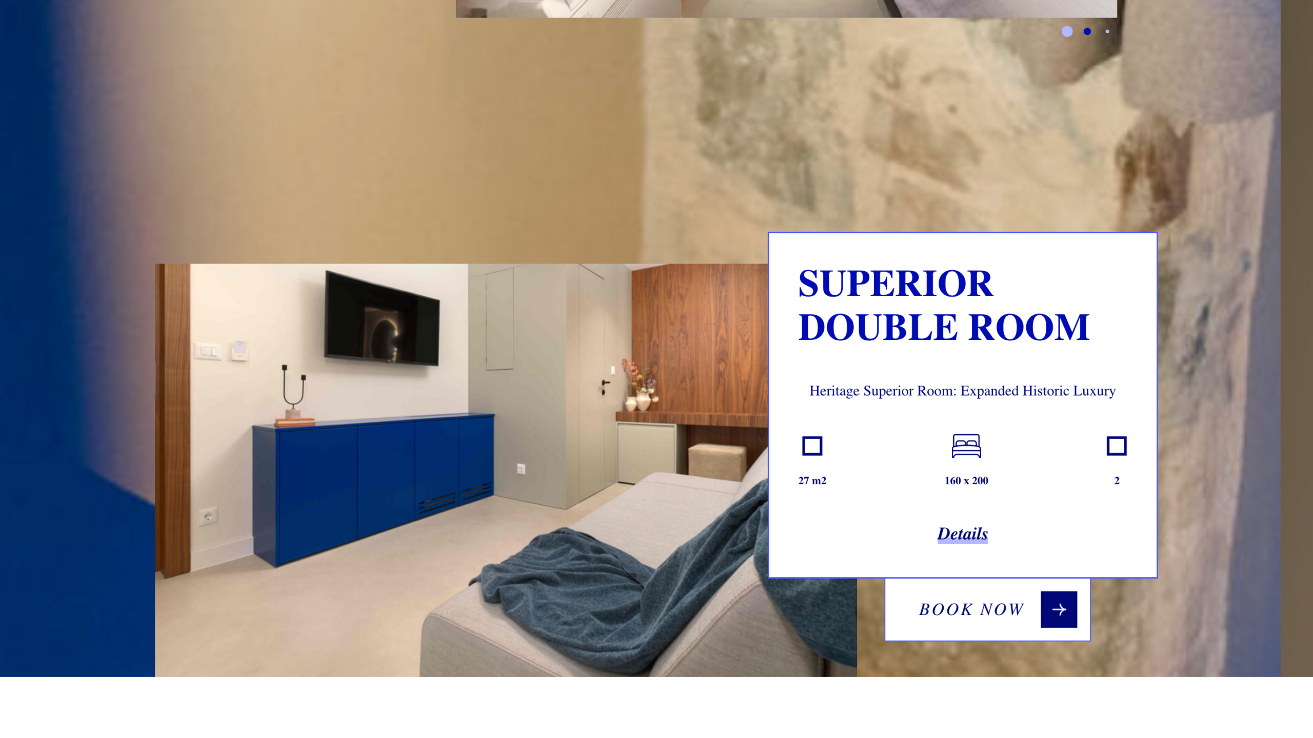 SuperiorDoubleRoomsectionpairingaroomphotowithanavyspecscard,DetailslinkandBookNowbutton.
