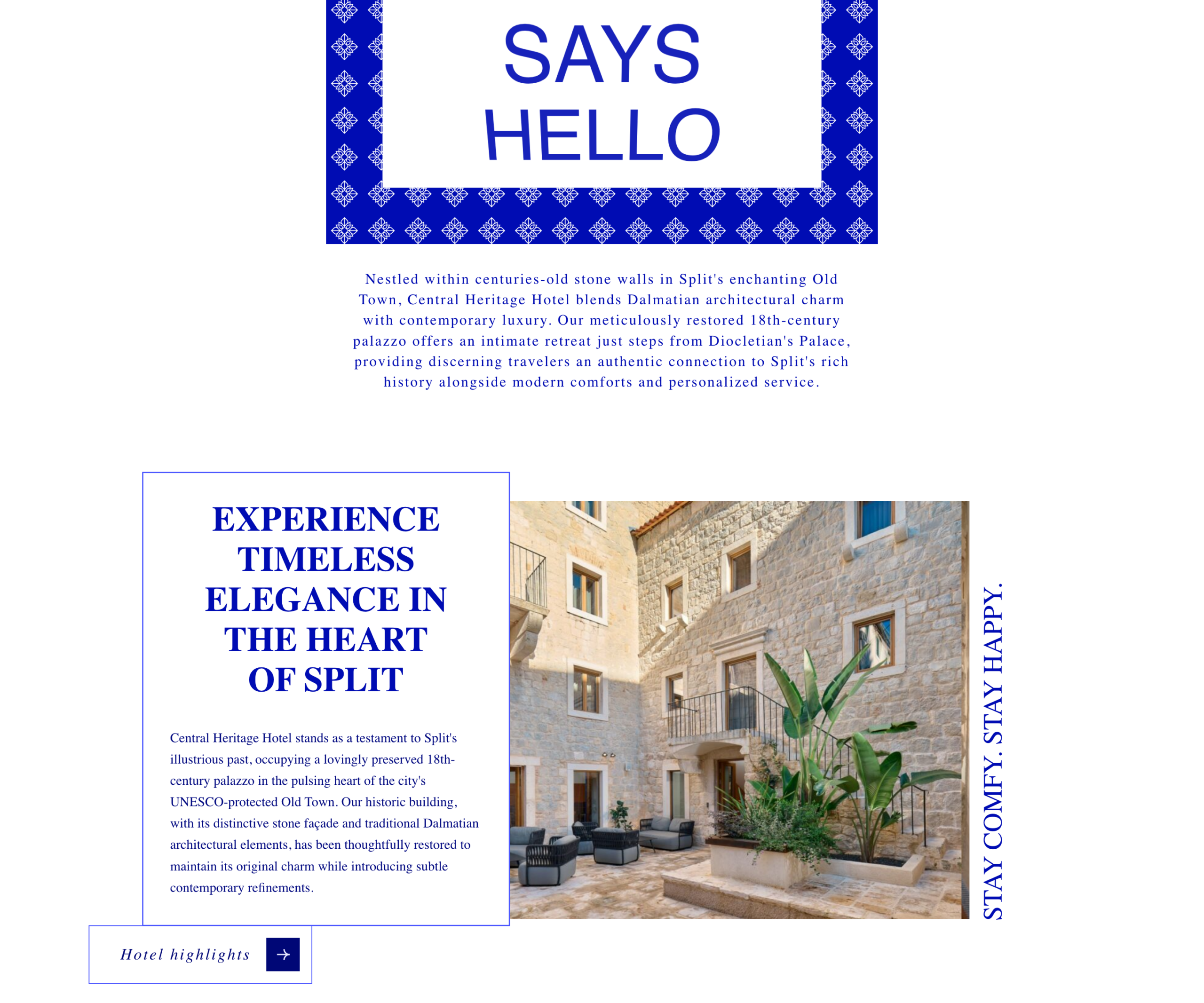 Homepageheritagesectionontherestored18th-centuryDiocletian'sPalacelocation, 'ExperienceTimelessEleganceintheHeartofSplit'.