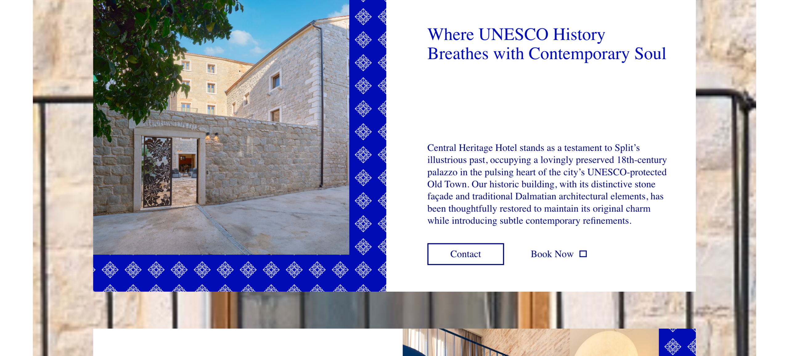 About-pagefeature'WhereUNESCOHistoryBreatheswithContemporarySoul'withthehotel'sstonecourtyardandContactandBookNowbuttons.