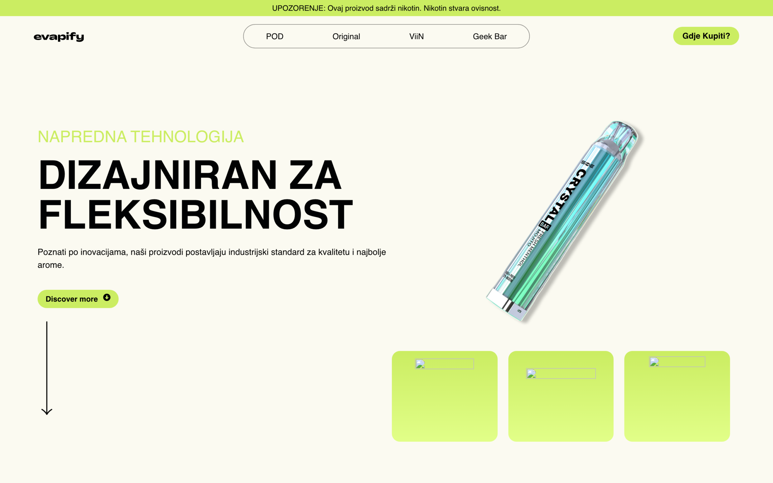 Evapifyherosection, 'Naprednatehnologija/Dizajniranzafleksibilnost'headlineinboldblacktypebesideaCrystaldevicerender,withalimeDiscovermorebuttonandproductcards.