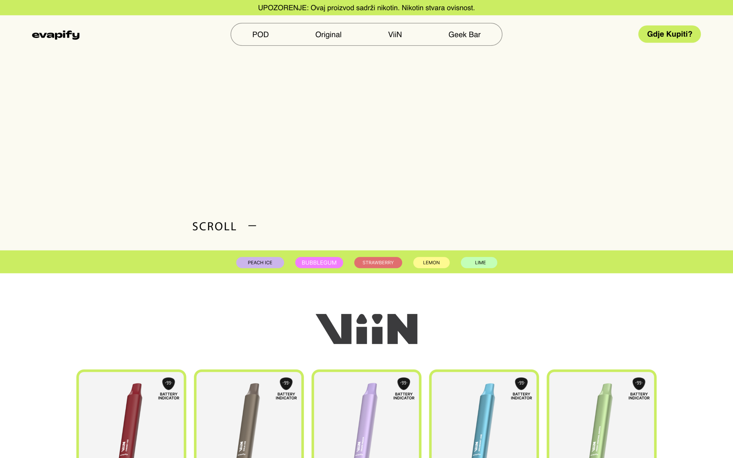 ViiNdisposableline-upwiththeViiNlogoandarowofcolour-codeddevicesinred,brown,lilac,blueandgreen,eachshowingabatteryindicator,aboveflavourchipsforPeachIce,Bubblegum,Strawberry,LemonandLime.