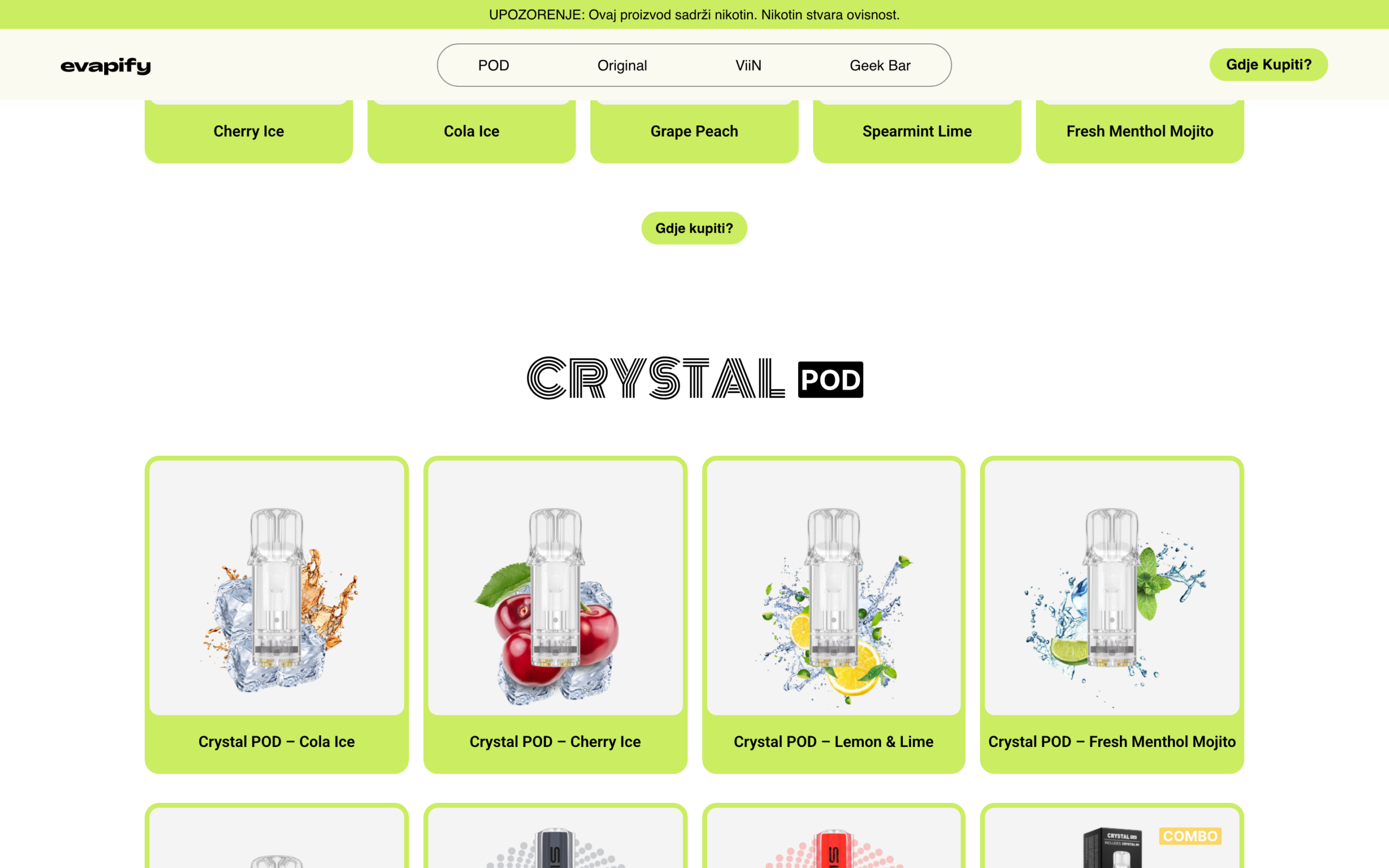 CrystalPODproductgridshowingColaIce,CherryIce,Lemon&LimeandFreshMentholMojitopodsonlimecardswithiced-fruitimagery.