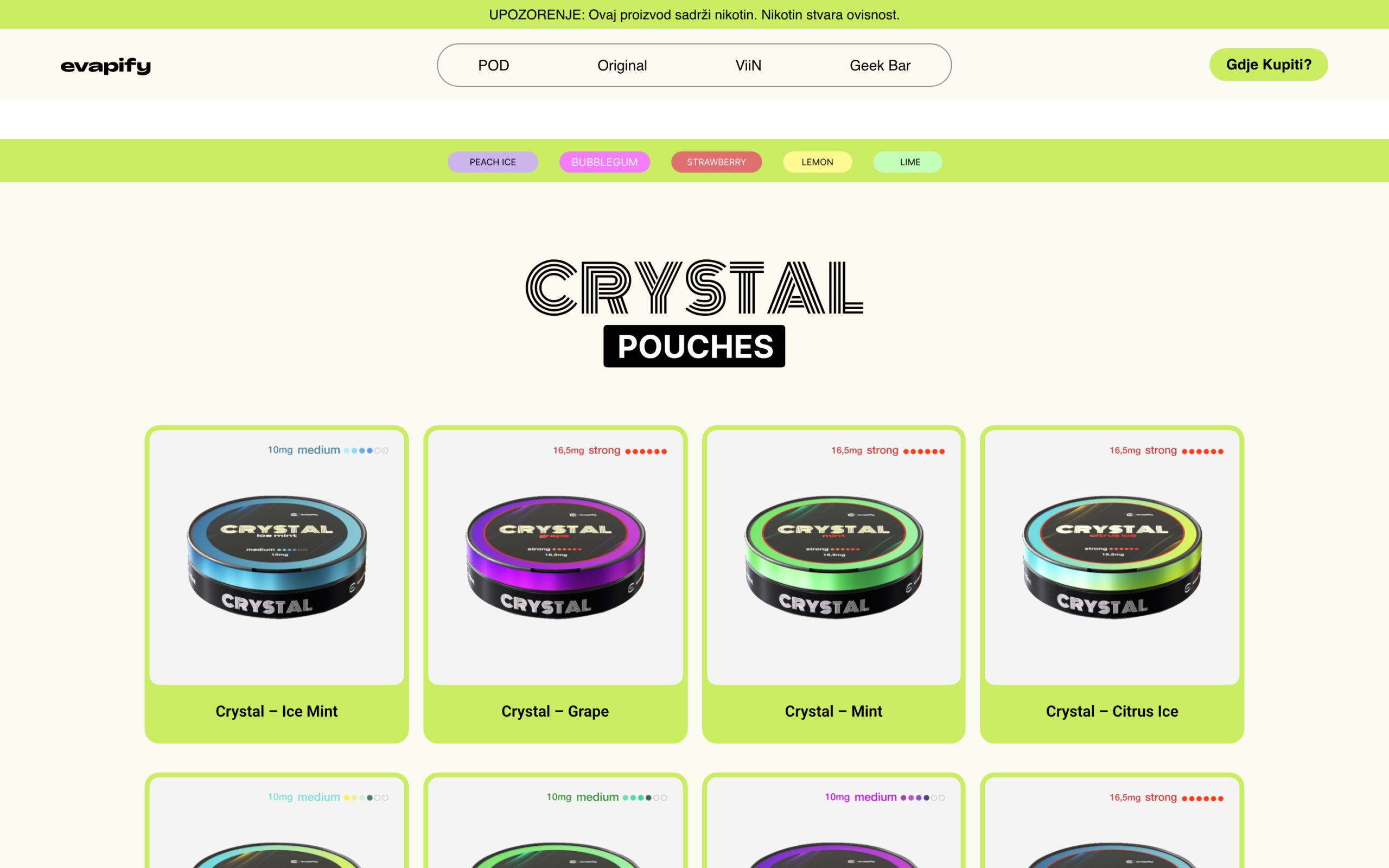 CrystalPouchessectionshowingnicotine-pouchtinsforIceMint,Grape,MintandCitrusIceonlimecards,eachwithstrengthratingandstarreviews.