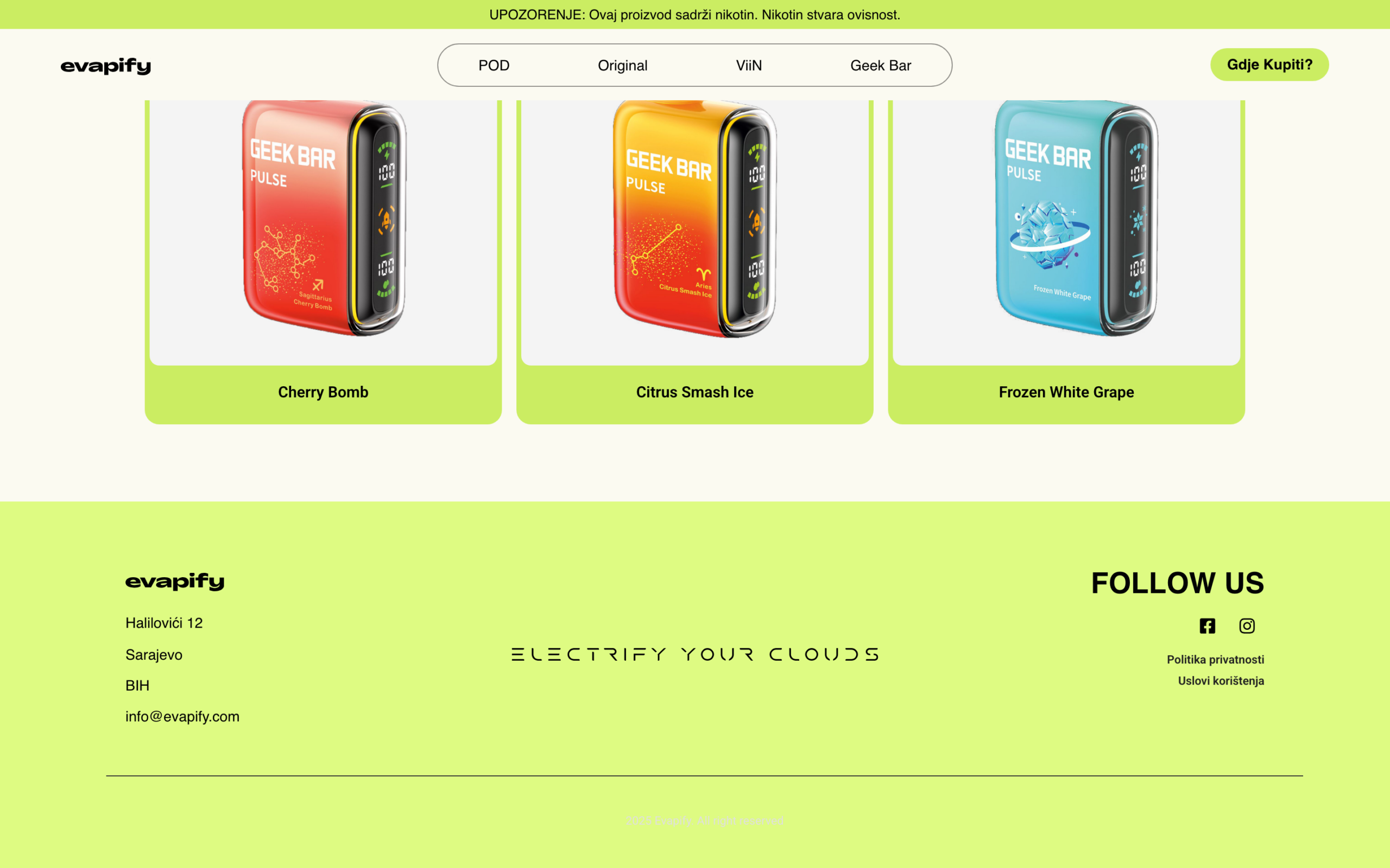 GeekBarPulseproductcardsforCherryBomb,CitrusSmashIceandFrozenWhiteGrape,abovethelimeEvapifyfooterwith'Electrifyyourclouds'wordmarkandFollowUslinks.