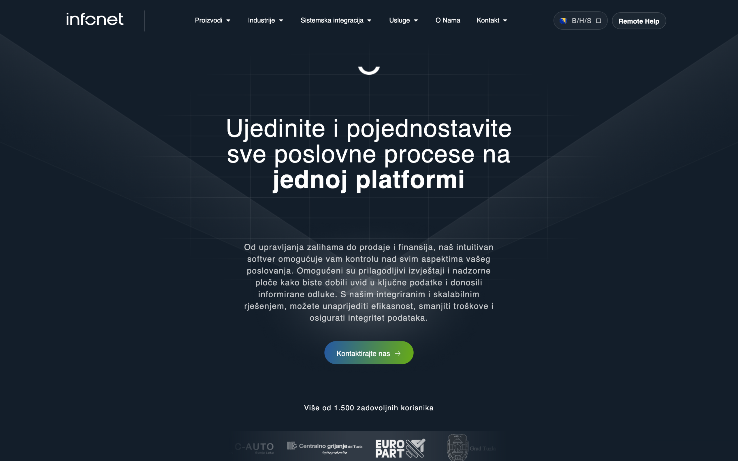 Infonethomepageheroondeepnavy, boldheadline'Ujediniteipojednostavitesveposlovneprocesenajednojplatformi'withalime-green'Kontaktirajtenas'buttonanda'morethan1,500satisfiedusers'trustline