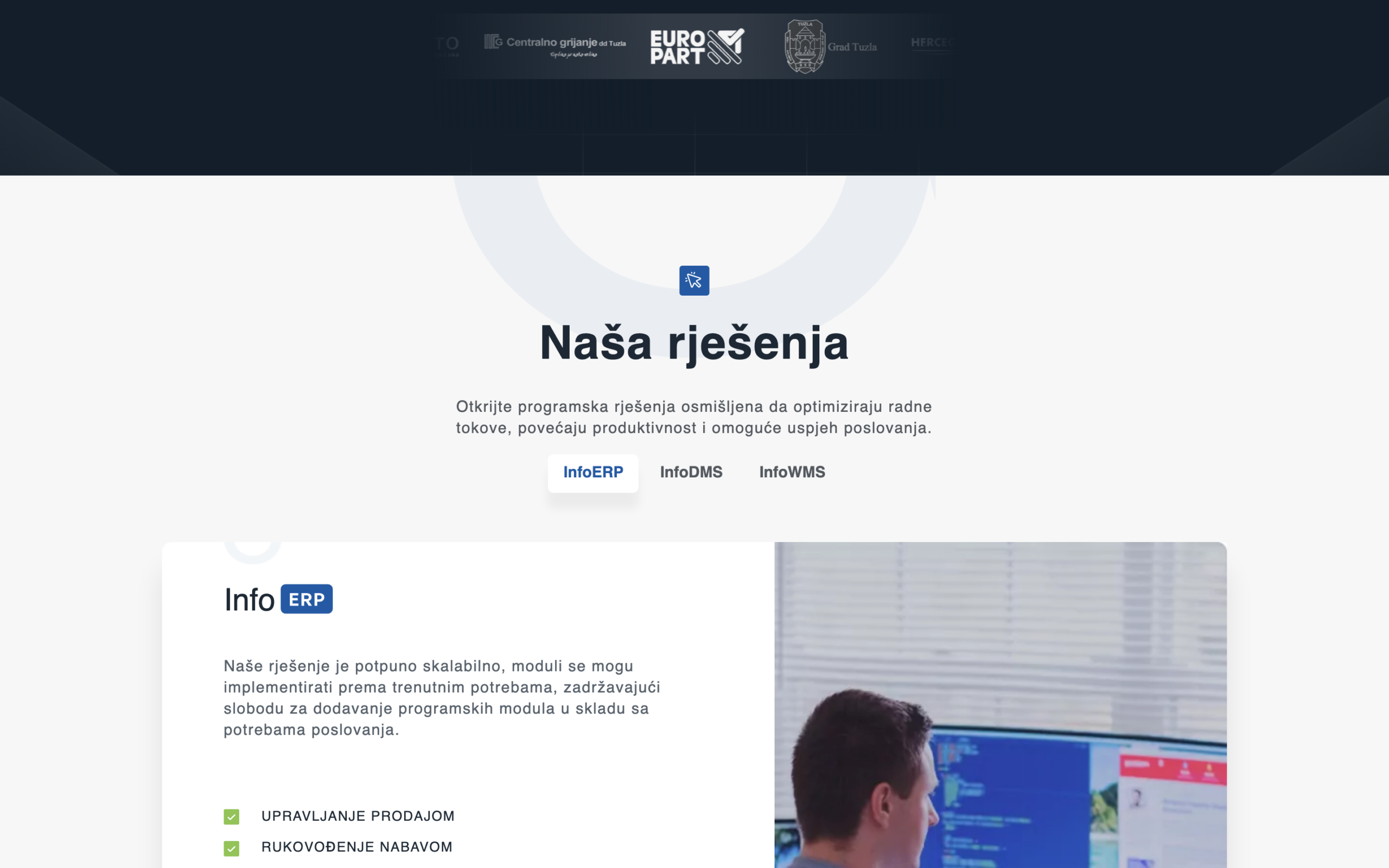 Thetabbed'Našarješenja'solutionssectionheaderwithInfoERP,InfoDMSandInfoWMStabsabovetheInfoERPproductcardandaworkstationphotograph