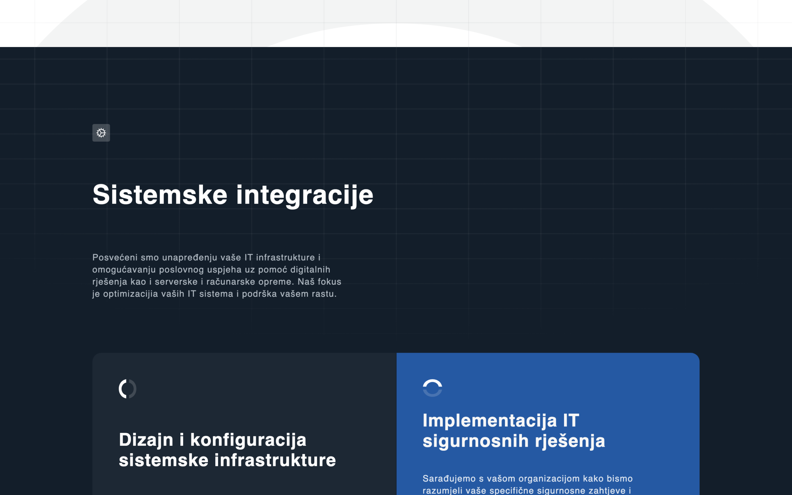 Thedark'Sistemskeintegracije'system-integrationsectionwithagearicon,anintroductoryparagraph,andtwofeaturecardsforinfrastructuredesignandIT-securityimplementation