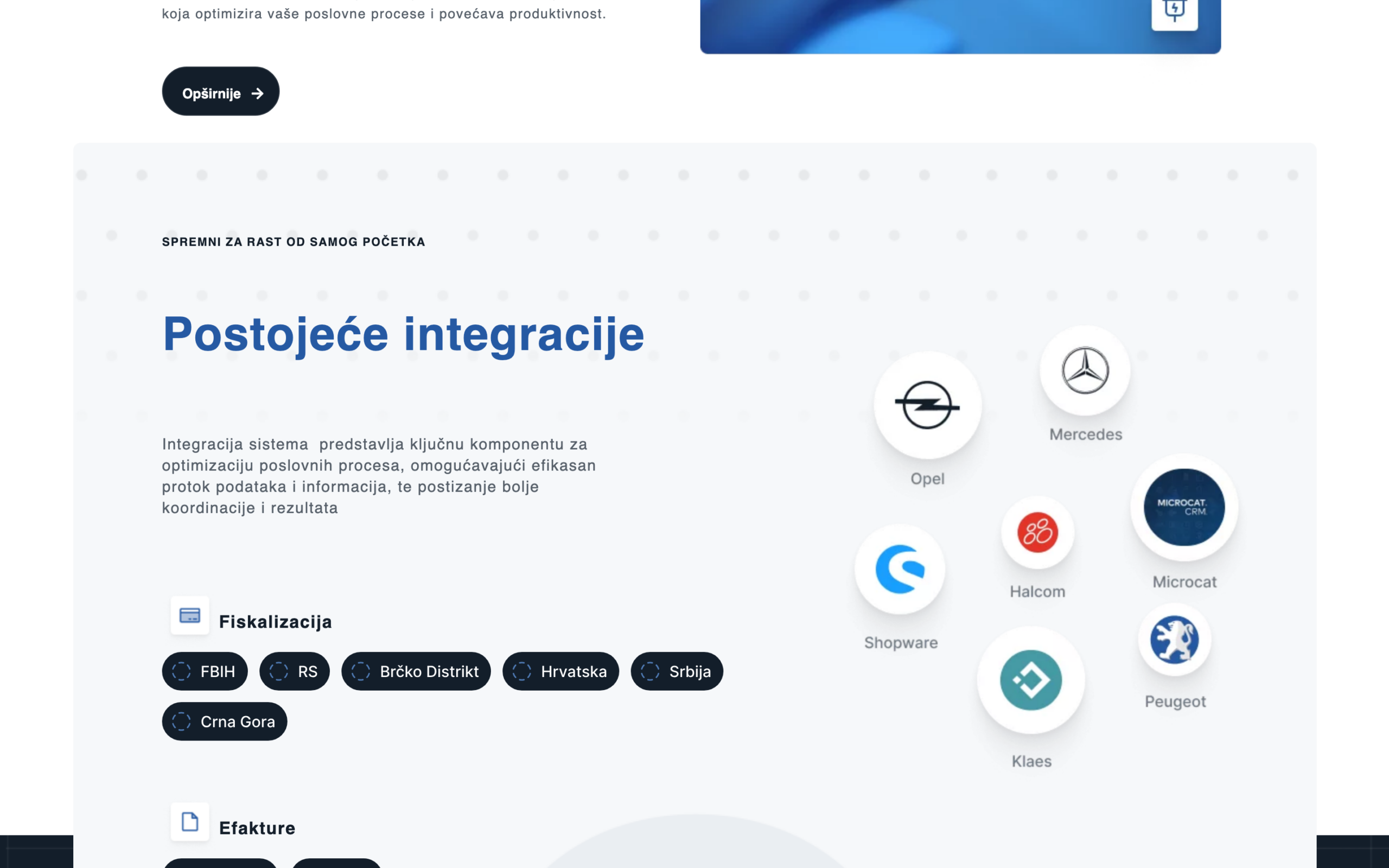 The'Postojećeintegracije'partner-integrationshowcasewithtechnologylogos, Opel,Mercedes,Microcat,Shopware,Halcom,KlaesandPeugeot, plusfiscalization-markettagsforFBiH,RS,Brčko,Croatia,SerbiaandMontenegro