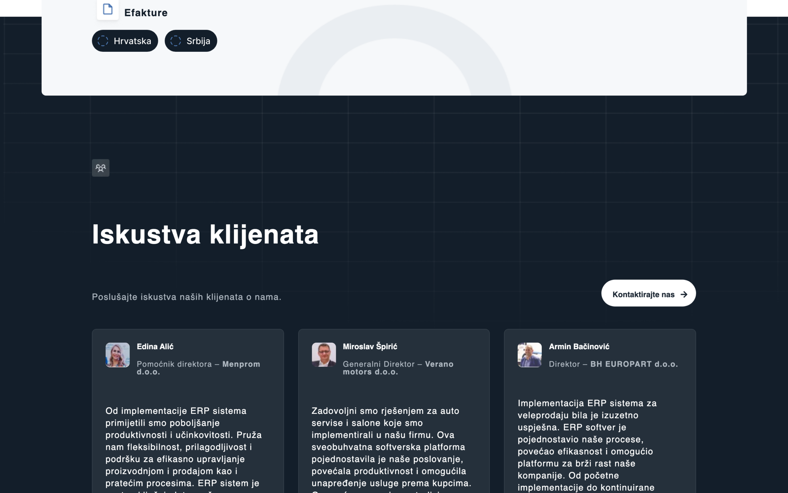 The'Iskustvaklijenata'client-testimonialssectionondarknavy, threereferencecardswithclientphotos,namesandcompanyroles
