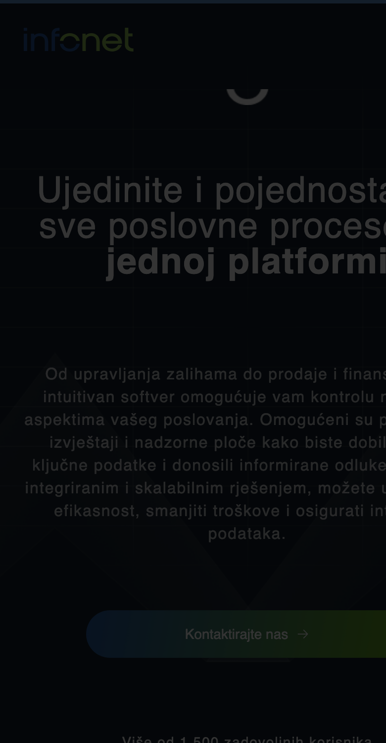 Infonetwebsiteonmobile, darknavyherowiththeunify-your-business-processesheadlineandlimecall-to-action,scrollingintothe'Našarješenja'solutionssectionwiththeInfoERPmodule