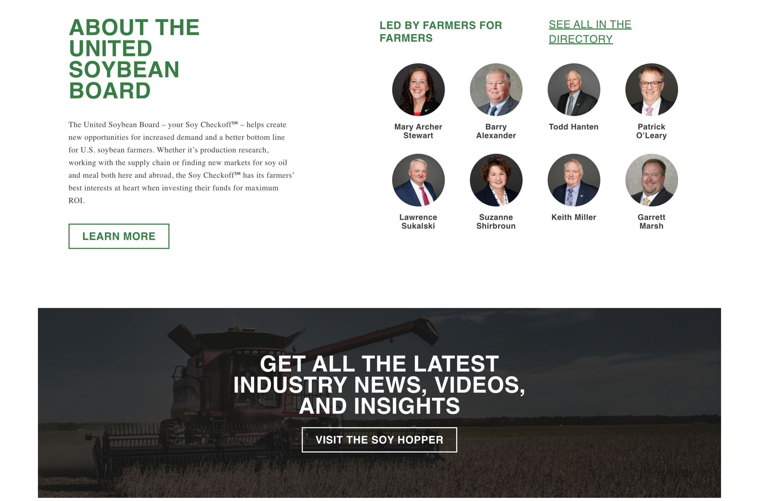 AbouttheUnitedSoybeanBoardsectionwitha'LedbyFarmersforFarmers'gridofboard-of-directorheadshotsandanindustry-newsbanner.