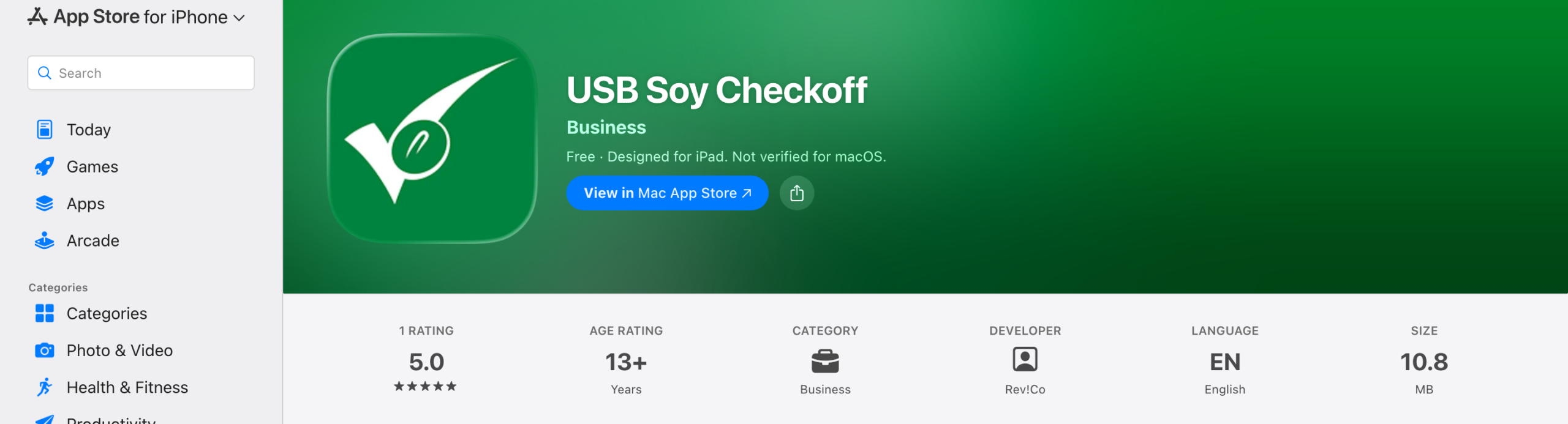 AppleAppStorelistingheaderforUSBSoyCheckoff, greencheckmarkappicon,Businesscategory,5.0ratingandappmetadata.
