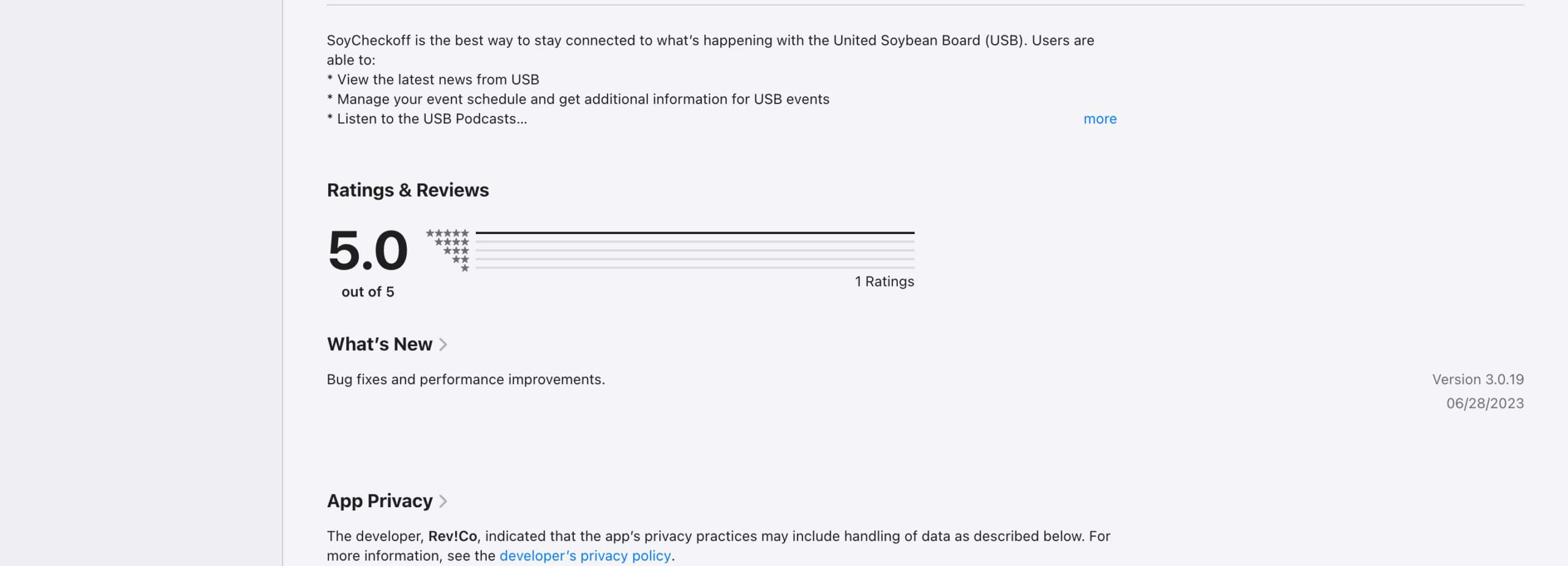 AppStoredescriptionforUSBSoyCheckoff, viewUSBnews,manageeventschedule,listentoUSBpodcasts, witha5.0ratingssummary.