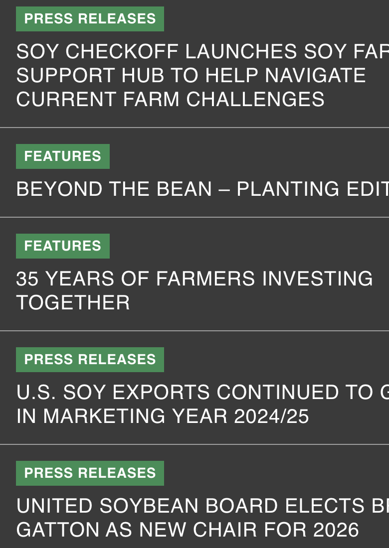 Mobilehomepagenewsfeedoftaggedpressreleasesandfeatures,includingtheSoyFarmerSupportHublaunchand2026chairelection.