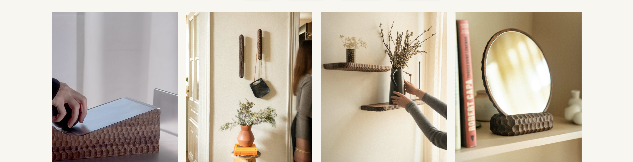 WAGAproductgridofhand-carvedwoodenhomedecor, PUTStorageBox,GARDAcarvedwallhooks,floatingshelvesandasculpturaltablemirror,eachwithnameandKMpriceonawarmcreambackground