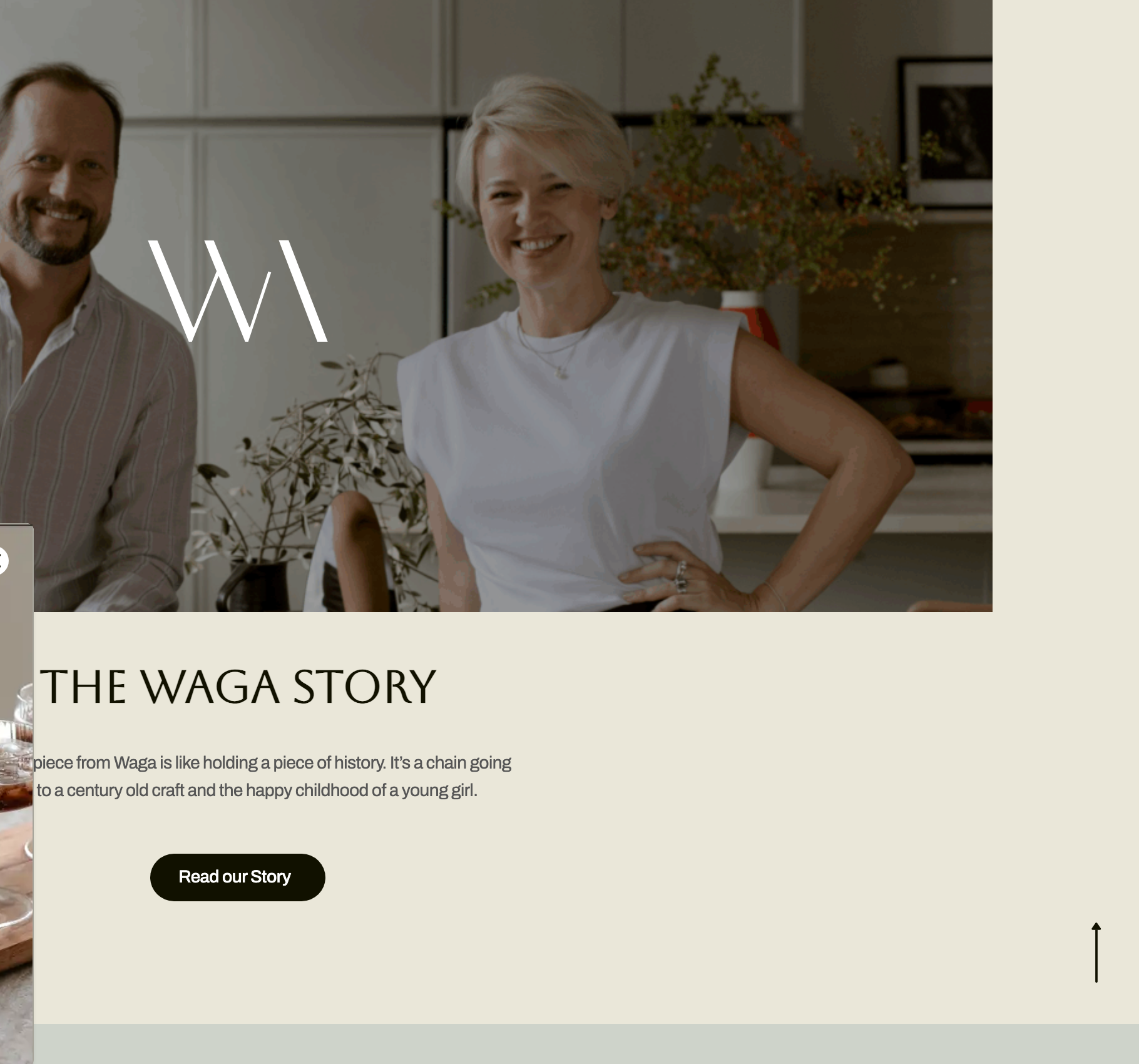 WAGAbrandsection'TheWAGAStory', awarmportraitofthetwofoundersinakitchenwiththeWAGAmonogram,alongsideashortheritagenarrativeanda'ReadourStory'button