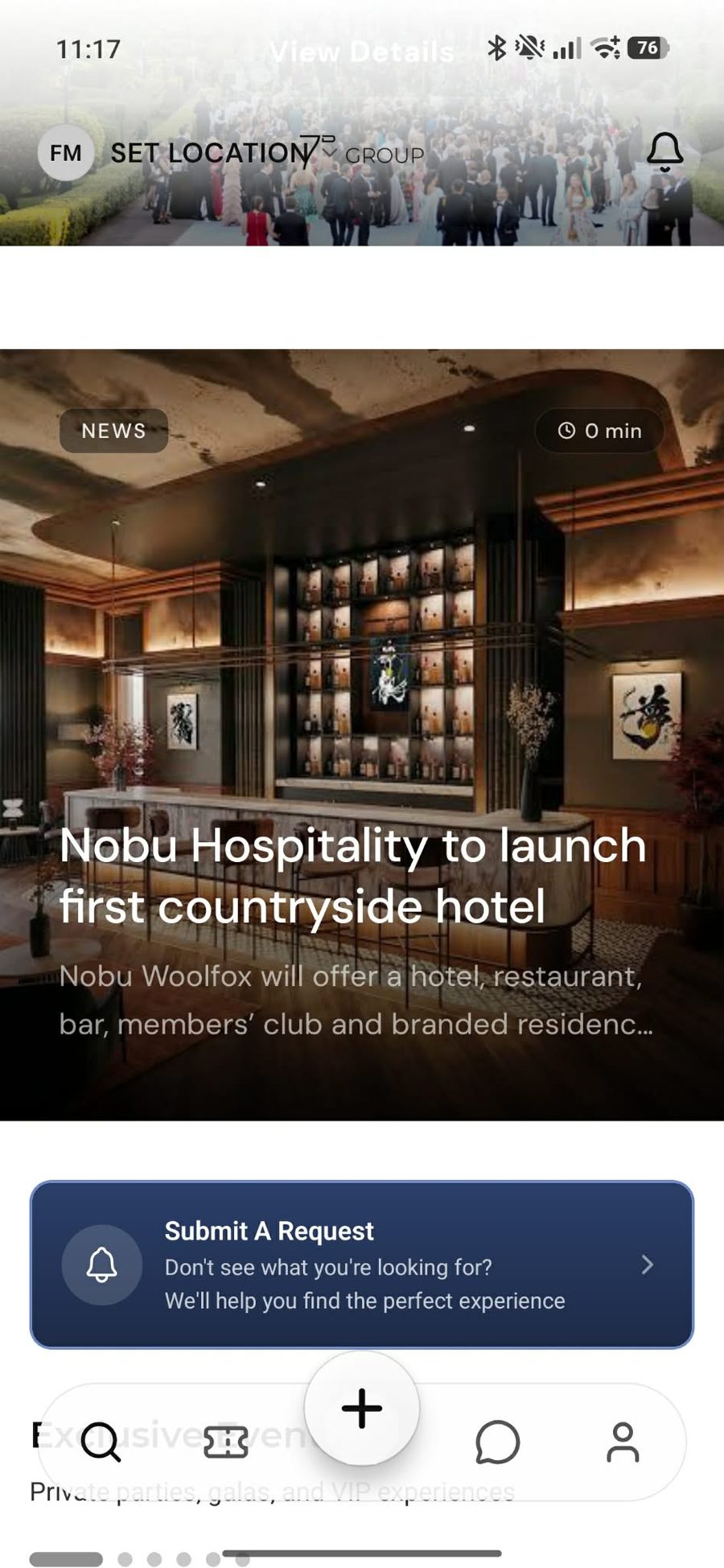 Vijest u 7D Group aplikaciji o tome kako Nobu Hospitality otvara hotel na selu.