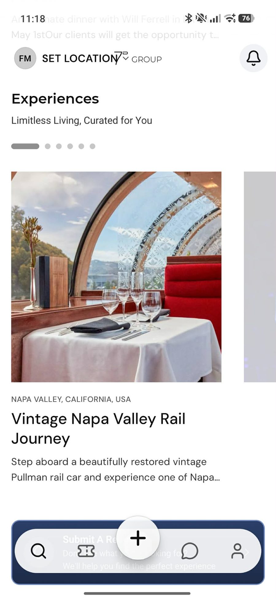 Lista Experiences u 7D Group aplikaciji s vožnjom historijskim vozom kroz Napa Valley.