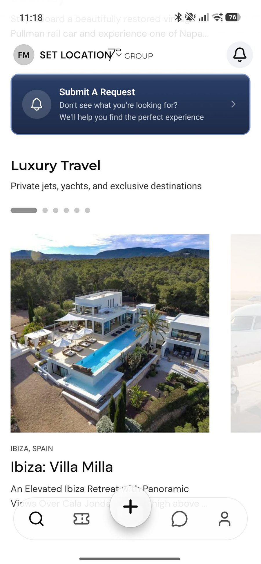Lista Luxury Travel u 7D Group aplikaciji s boravkom u vili na Ibizi.