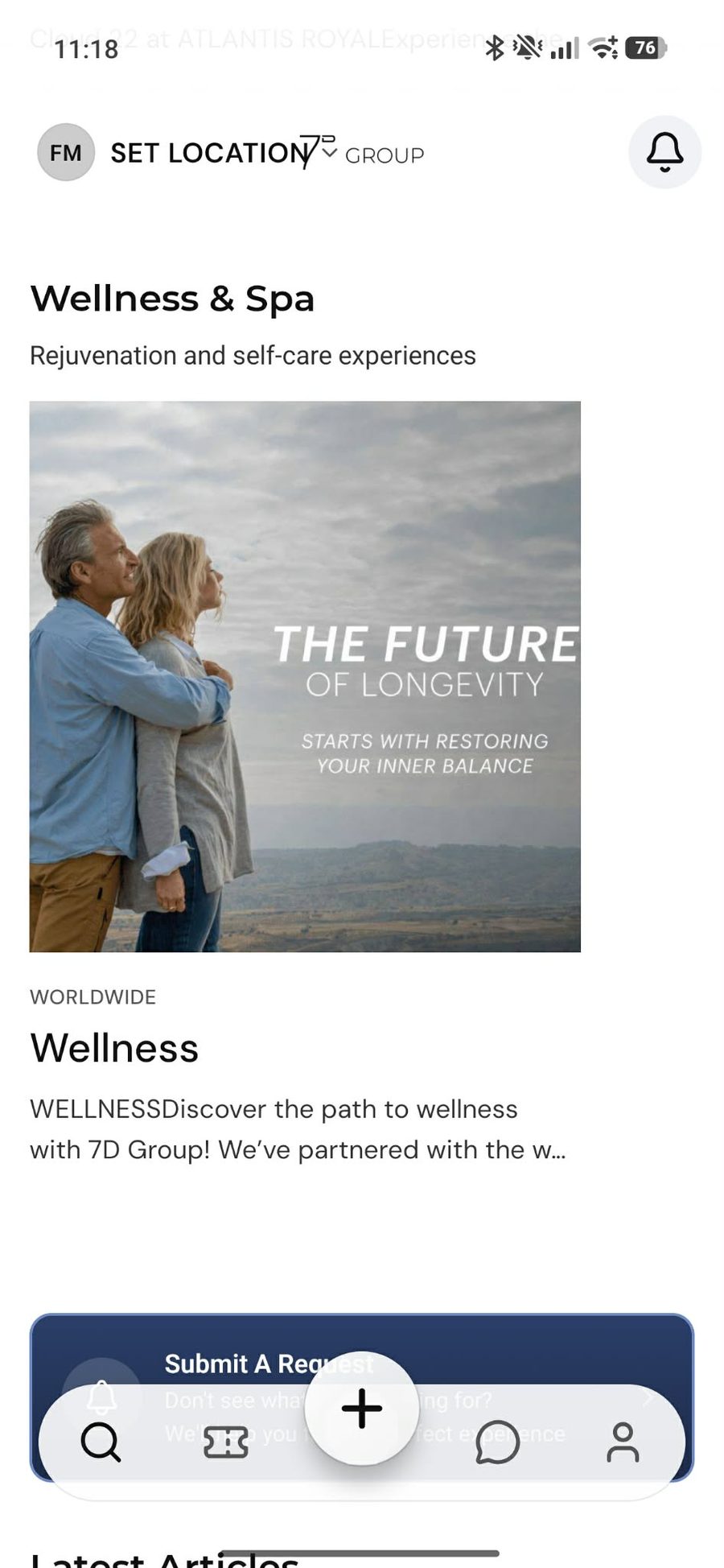 Lista Wellness and Spa u 7D Group aplikaciji s retreatom za dugovječnost.