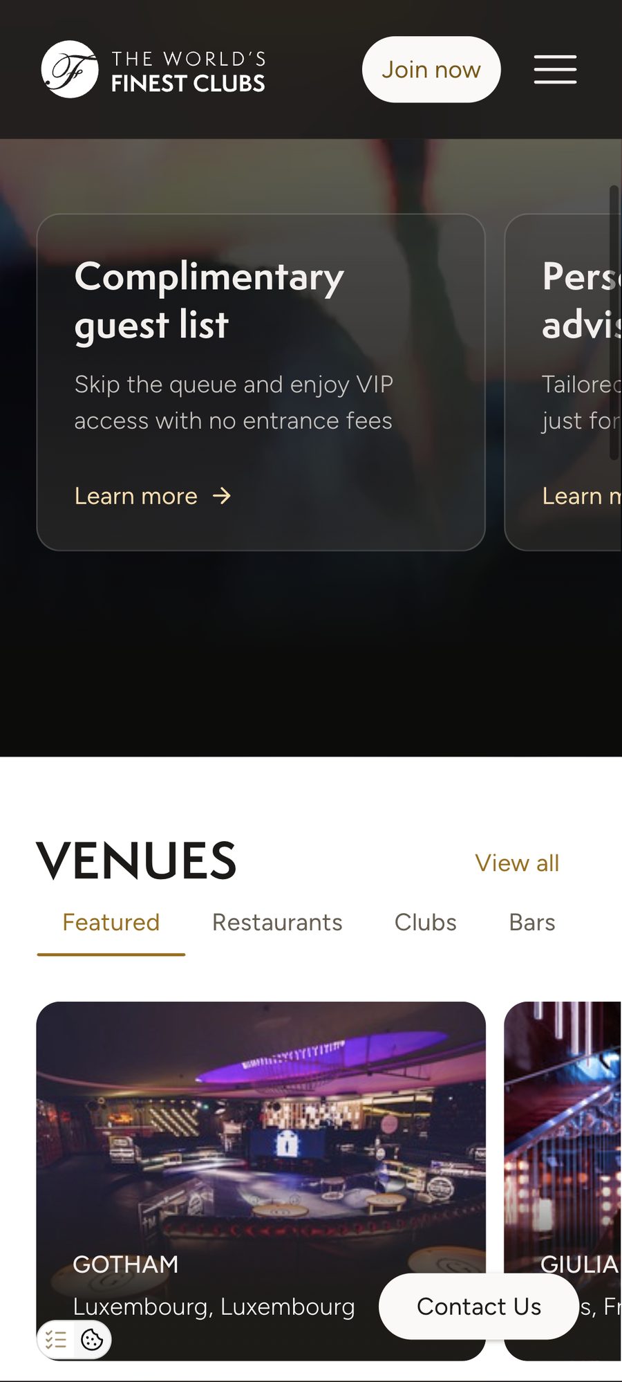 FinestClubs website, mobile view 3