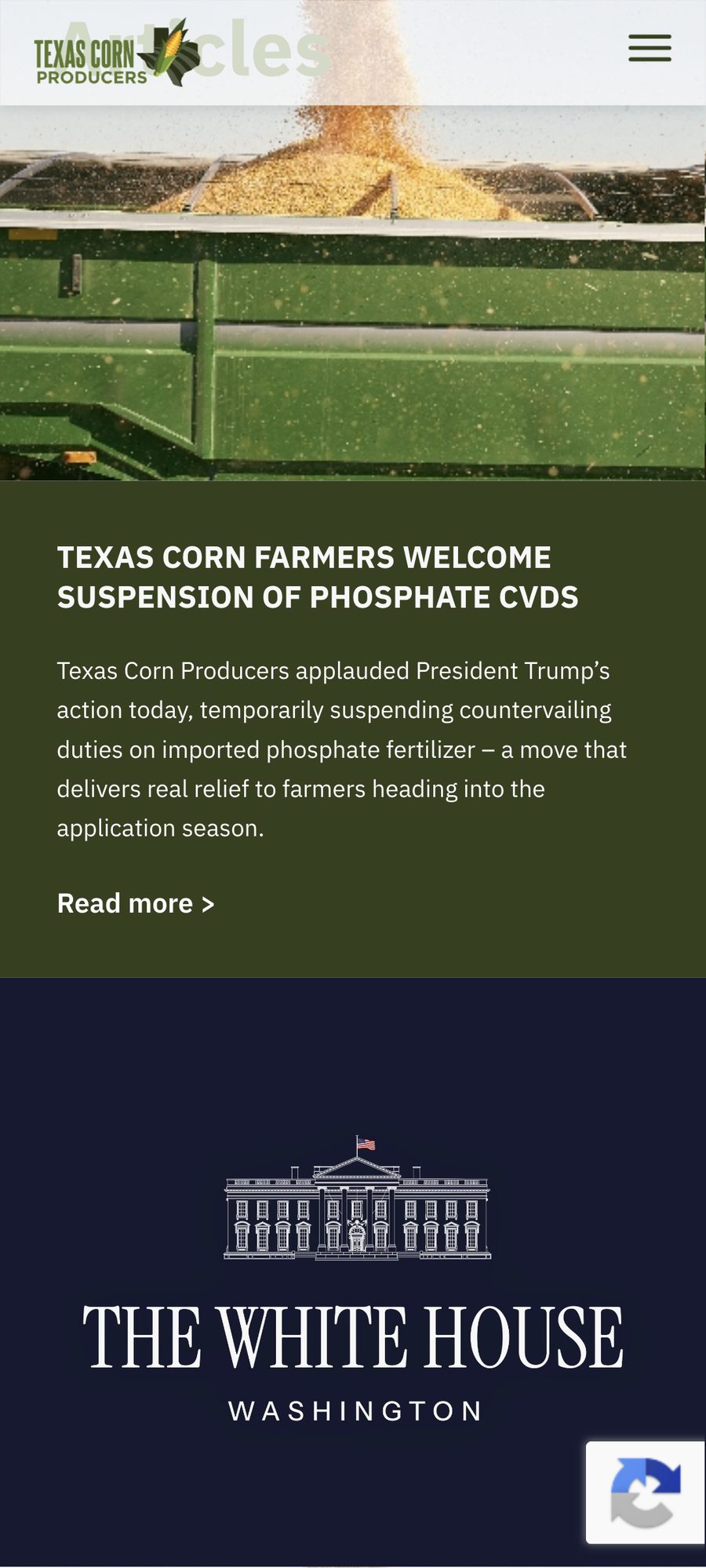 Texas Corn Producers website, mobile view 4