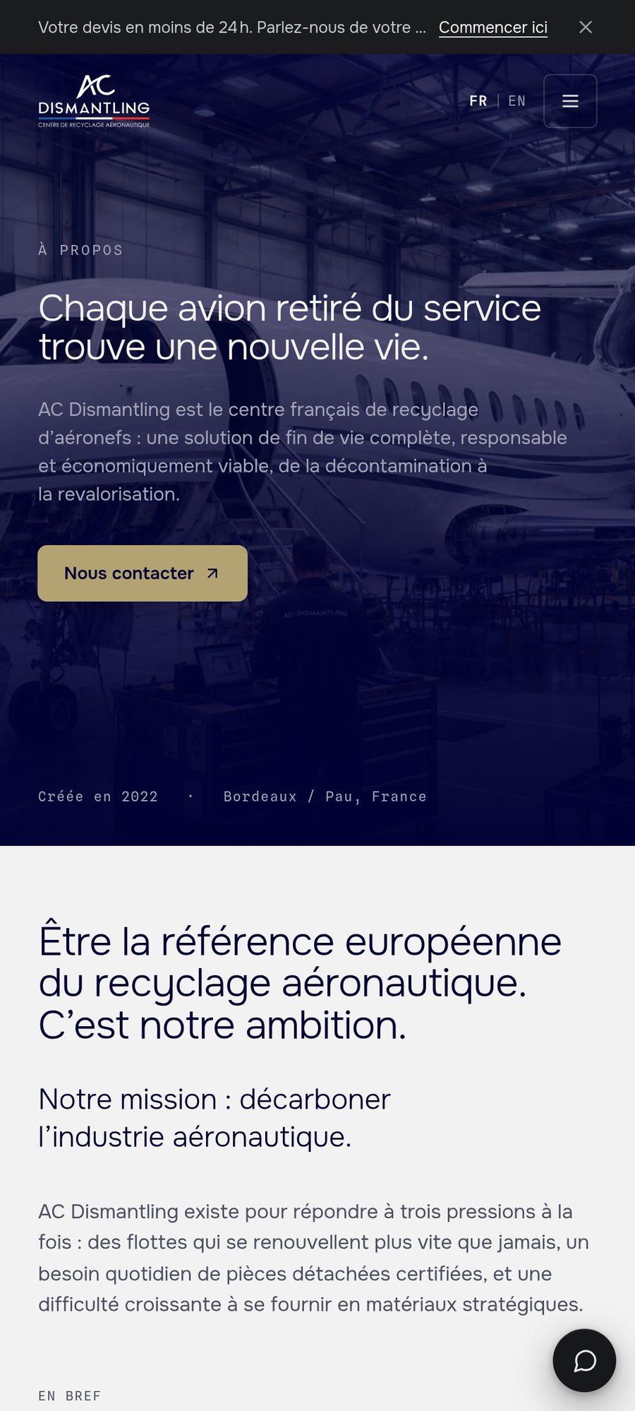 About page on mobile with the company mission