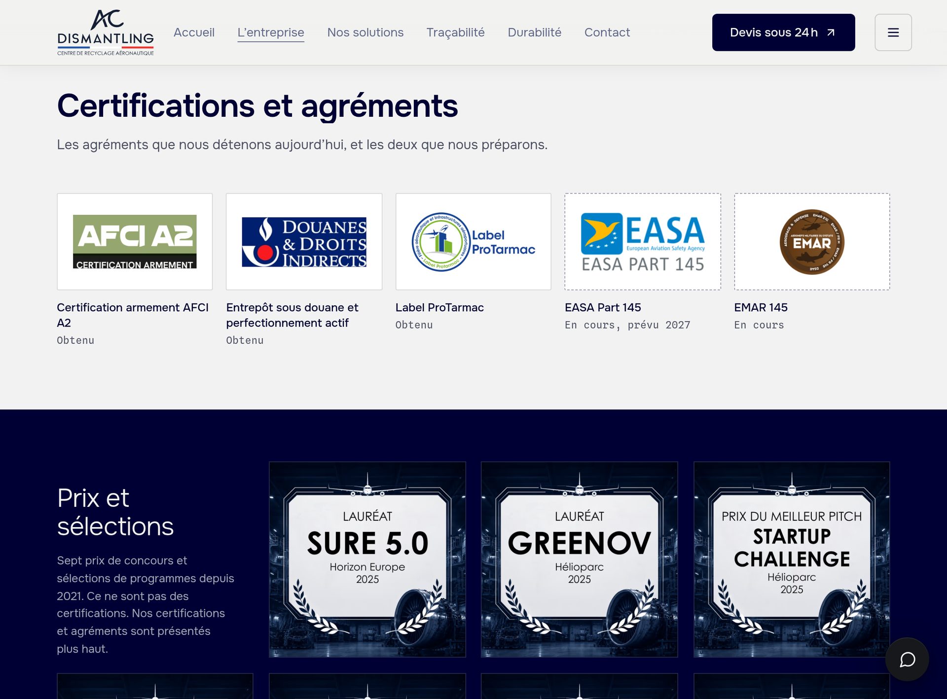 Certifications, approvals and prizes