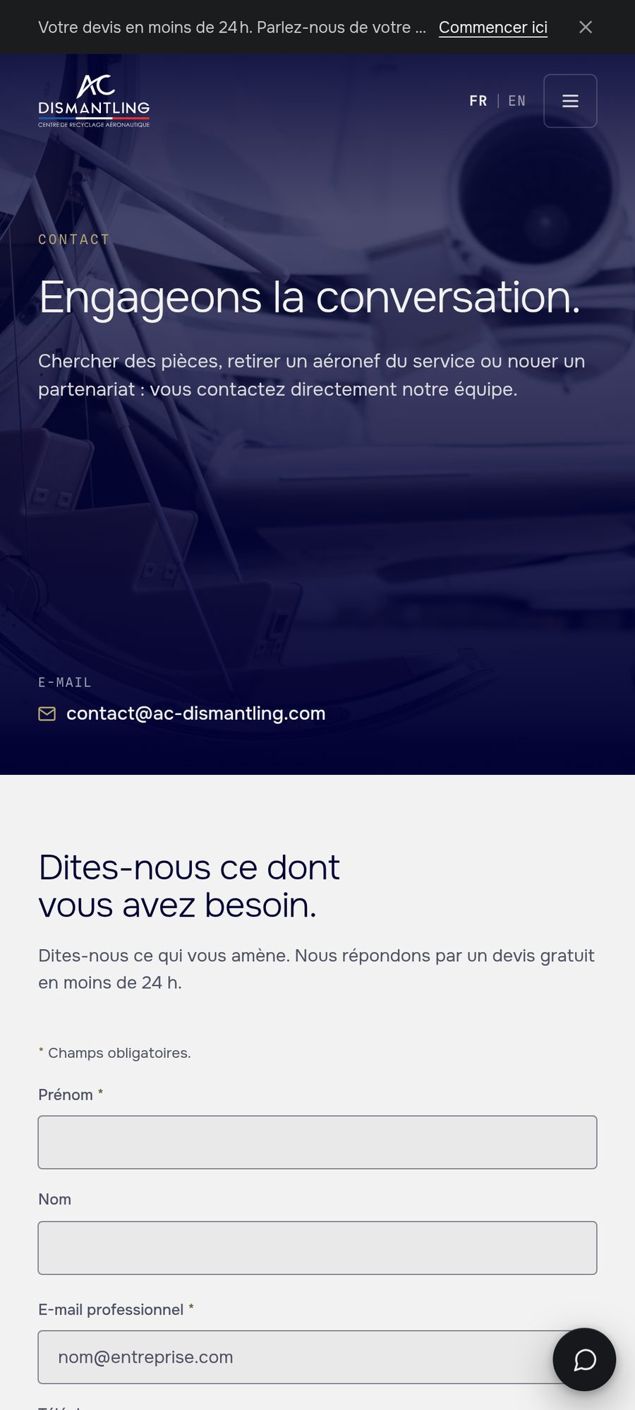 Contact page and request form on mobile