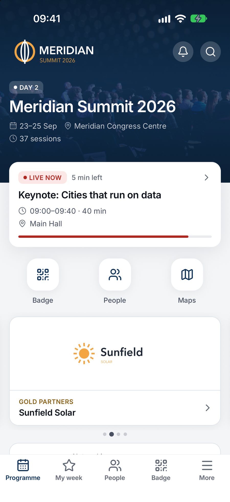 Attend app programme with parallel sessions shown side by side and filters for day and track