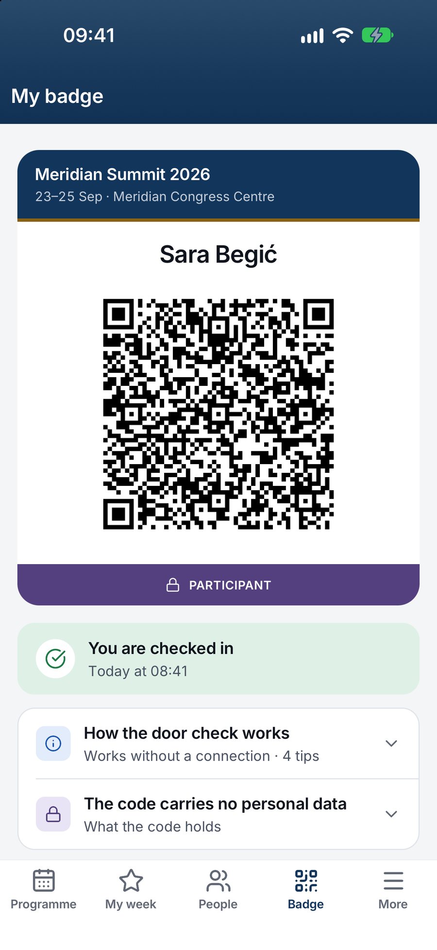 Attend app digital badge with a signed QR code that opens offline