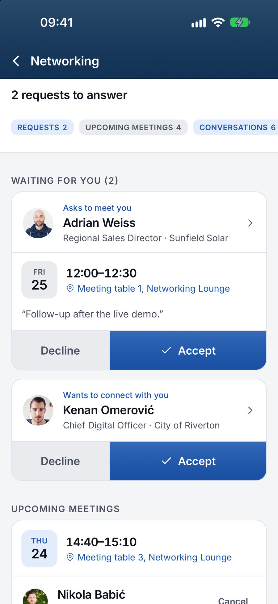 Attend app people directory with opt-in profiles and meeting requests
