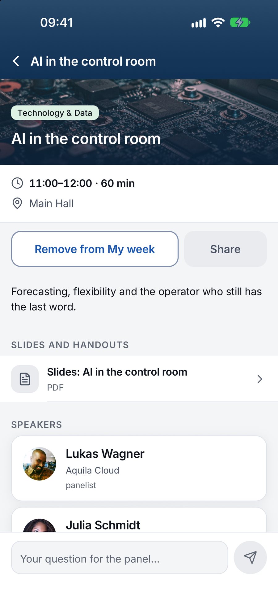 Attend app session page with audience questions, upvotes and a poll