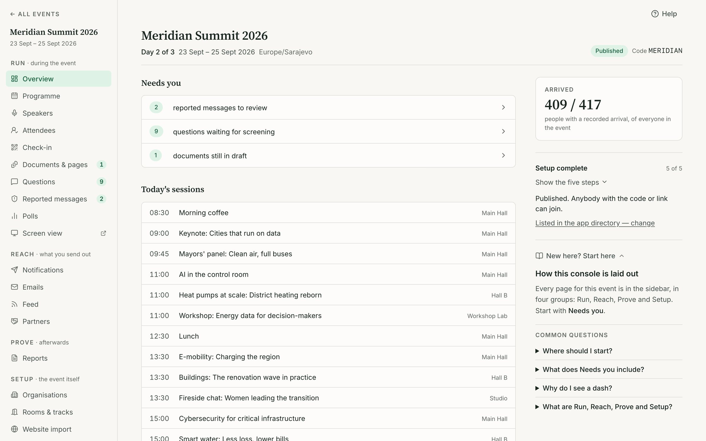 Attend console event overview with readiness checks and navigation