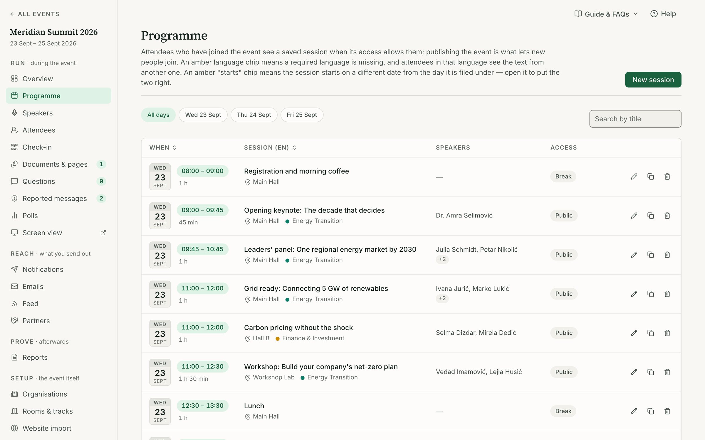 Attend console programme editor with sessions arranged by day, room and track