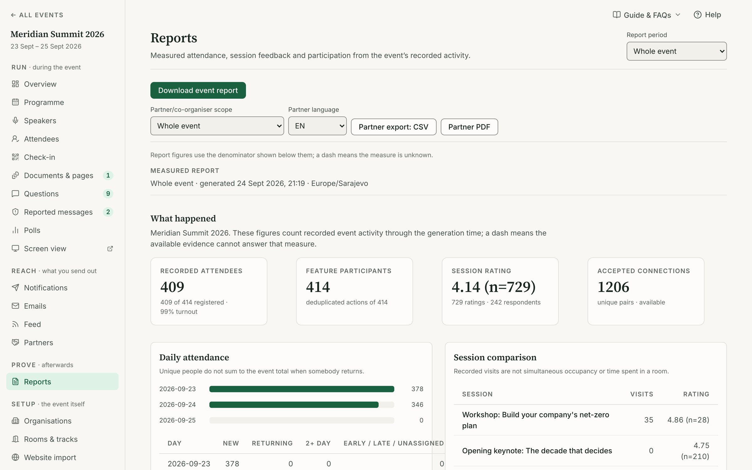 Attend console attendance report by day, entrance and organiser with CSV and PDF export