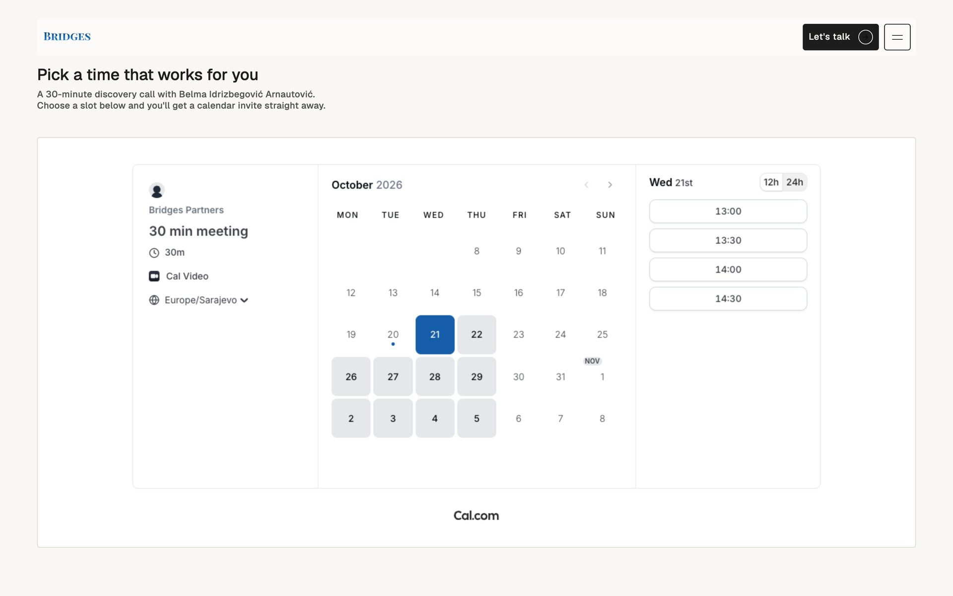 Book a discovery call page with embedded calendar