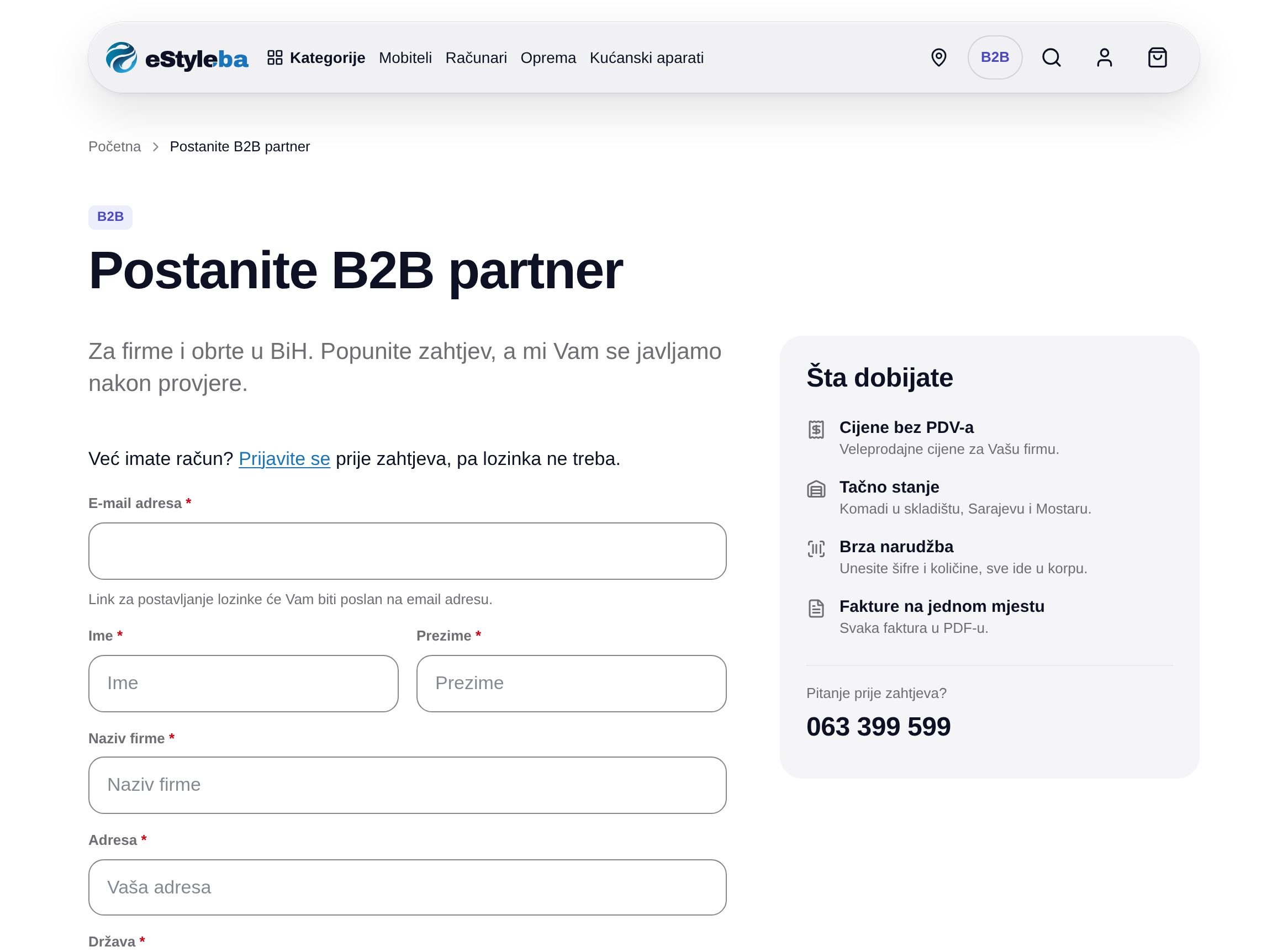 eStyle B2B partner registration with company and tax details