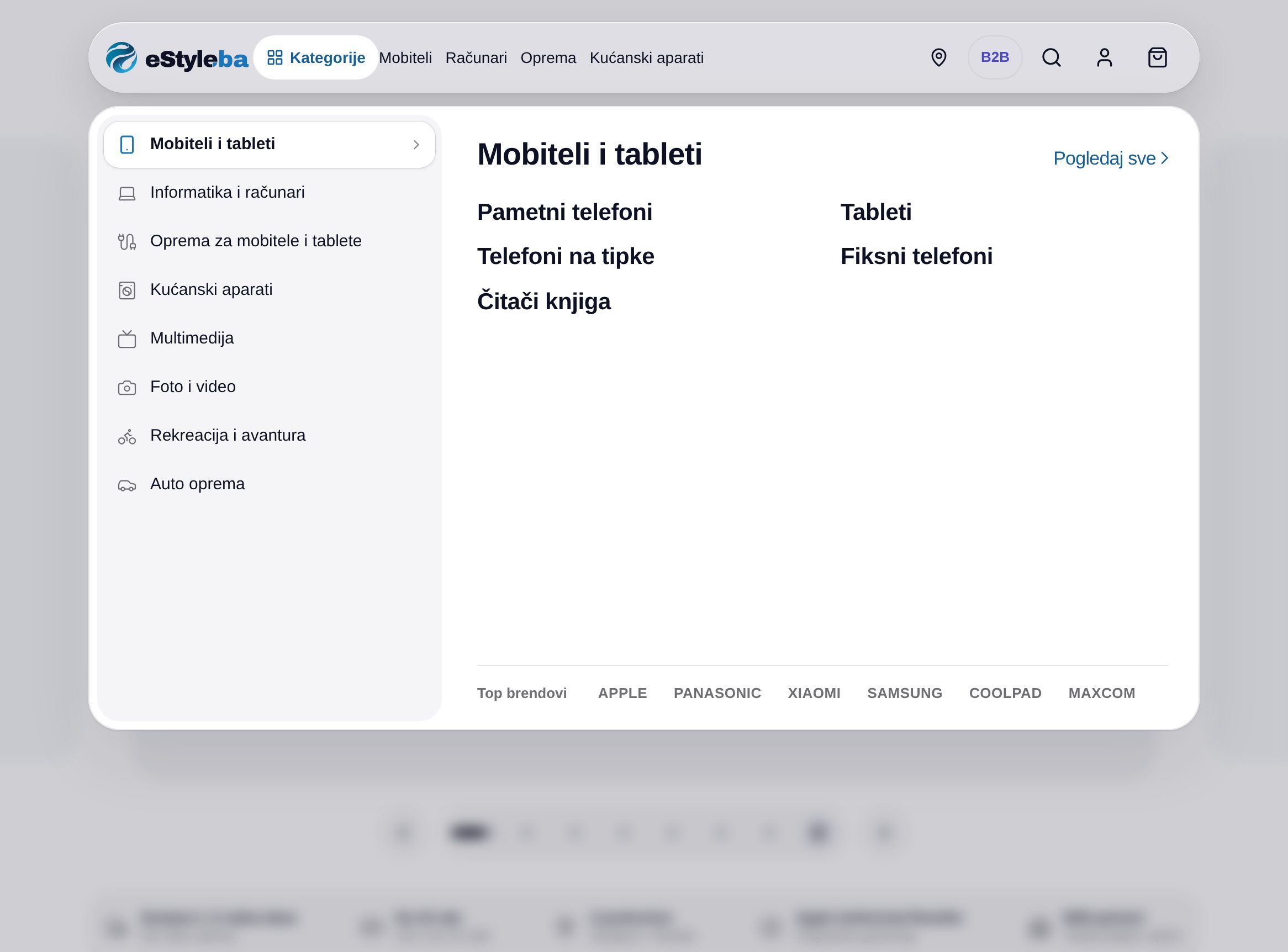 eStyle mega menu with categories and top brands