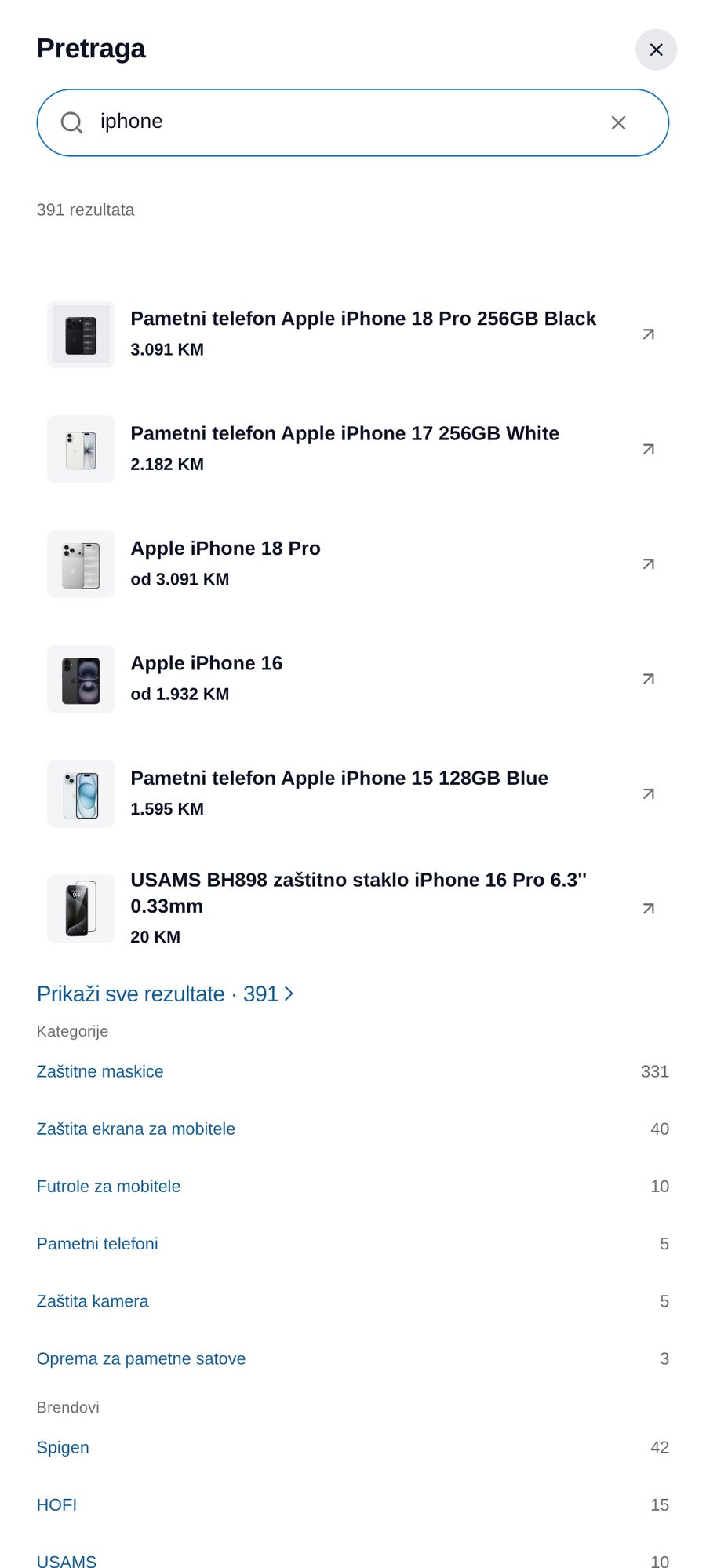 Search results for iPhone on mobile