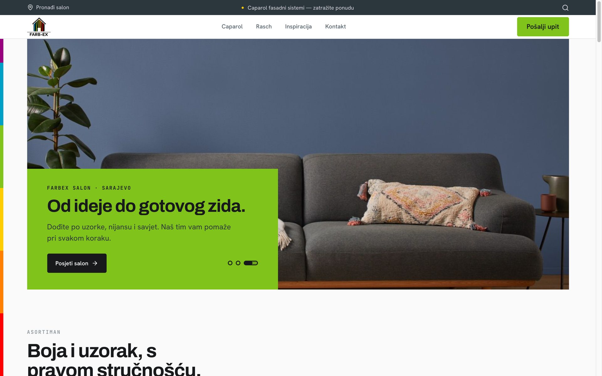Farbex homepage presenting Caparol paints and Rasch wallpaper side by side